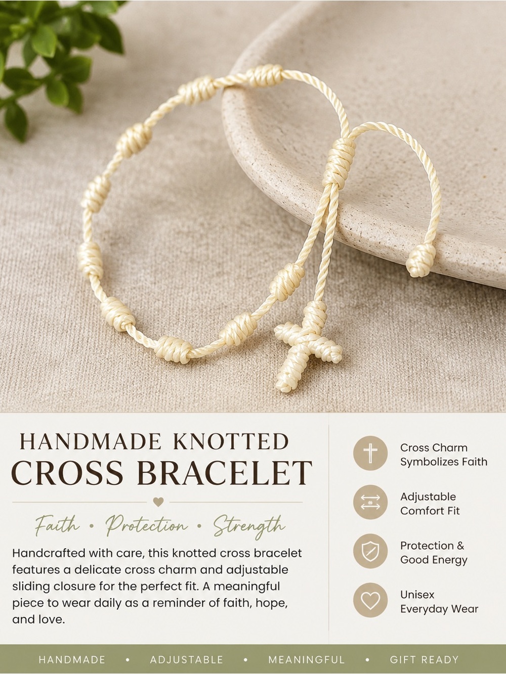 Handmade Knotted Cross Bracelet in Soft Ivory